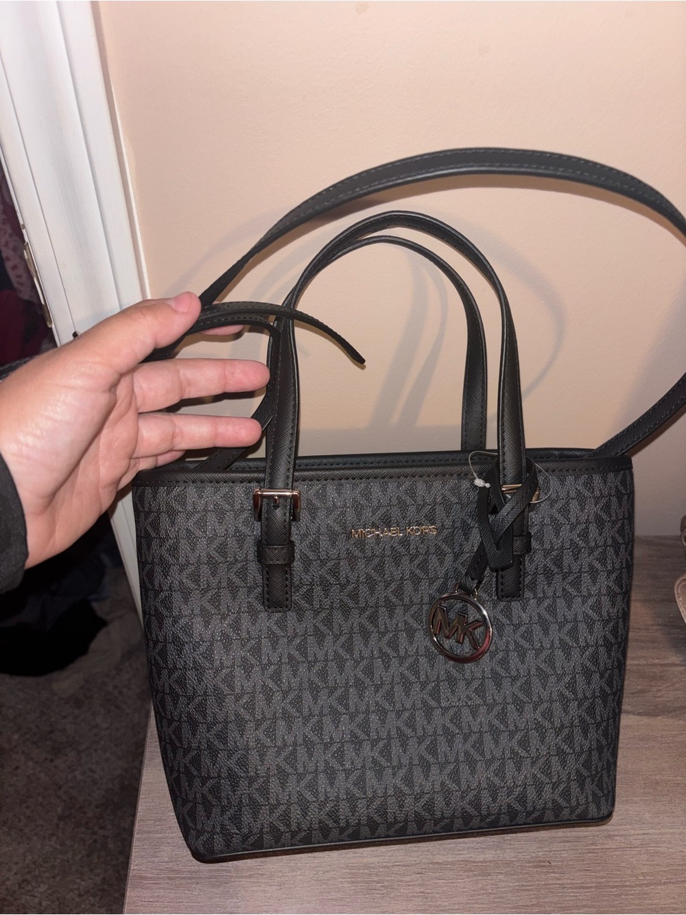 Michael Kors Dark Brown MK Signature Tote with Gold Accent